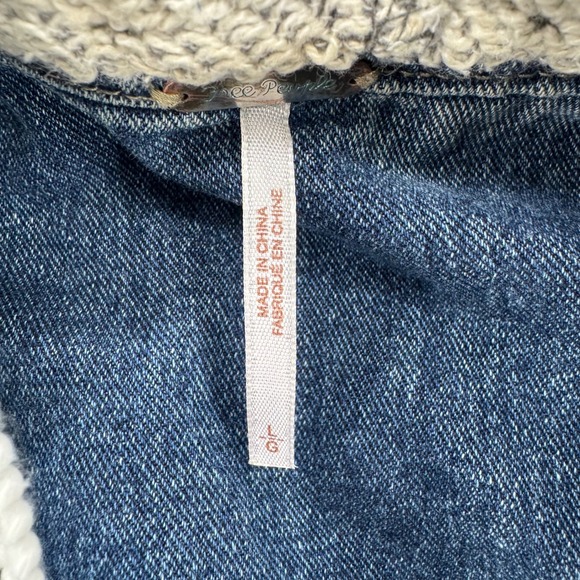 Free People Hooded Denim Jacket Blue Distressed Mixed Media Knit Sleeves Large - Picture 5 of 10